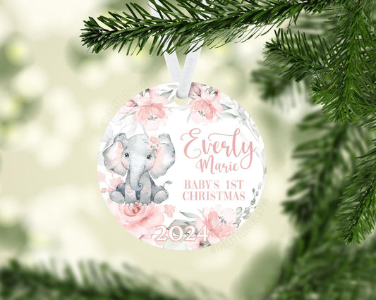 Elephant Baby 1st Christmas Ornament, Personalized Baby First Christmas Ornament, Baby Girl Safari Ornament, Holiday Baby Ornament S52