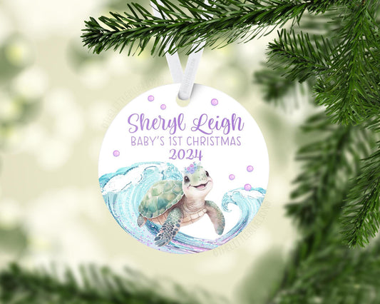 Girl Turtle Baby's 1st Christmas Ornament, Personalized Baby First Christmas Ornament, Baby Ornament, Ocean Life Holiday Baby Ornament O46