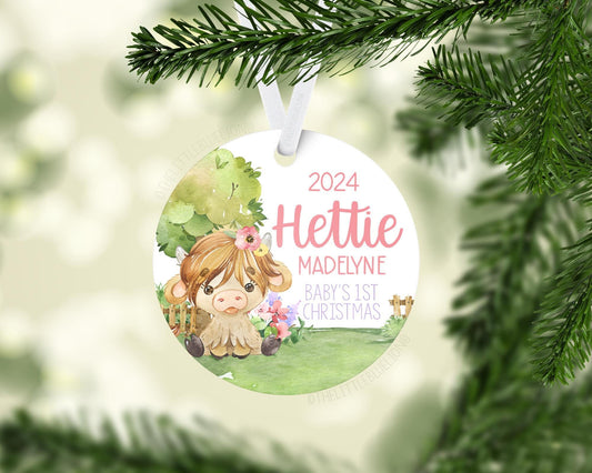 Girl Highland Cow Baby 1st Christmas Ornament, C29