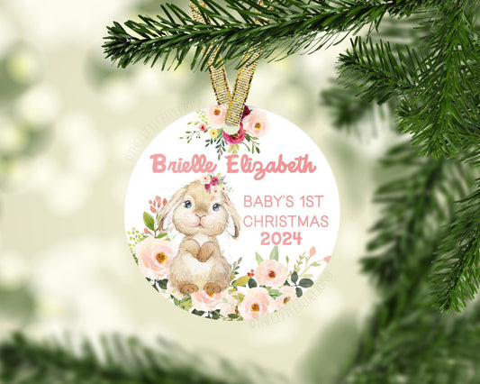 Floral Bunny Baby 1st Christmas Ornament, Personalized Baby First Christmas Ornament, Girl Ornament, Holiday Baby Ornament G68