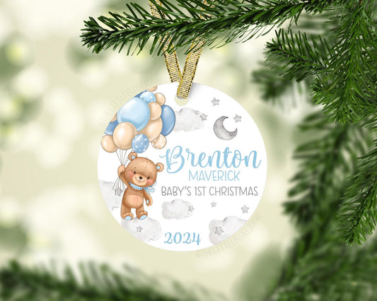 Boy Teddy Bear Baby 1st Christmas Ornament, T57