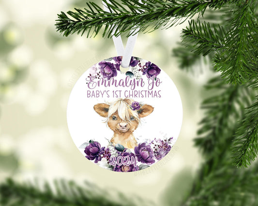 Girl Highland Cow Baby 1st Christmas Ornament, C46
