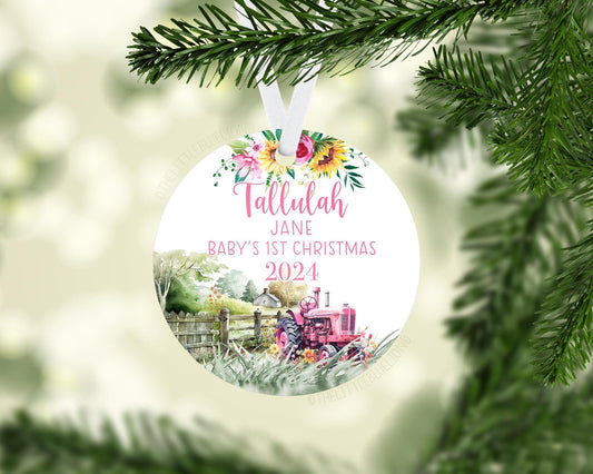Pink Tractor Baby First Christmas Ornament, C51