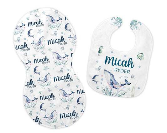 Whale Bib and Burp Cloth Set, O25