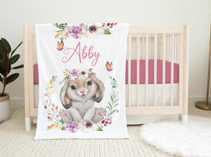 Floral Easter Bunny Baby Girl Name Blanket