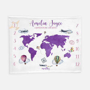 Purple World Map Baby Girl Milestone Blanket