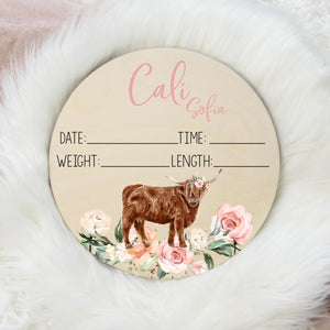 Highland Cow Baby Girl Birth Stat Sign