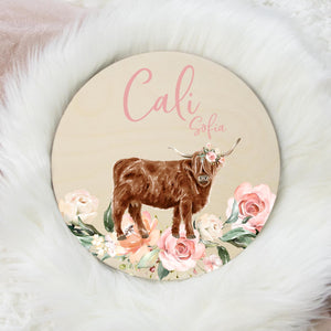 Highland Cow Baby Girl Round Wood Name Sign