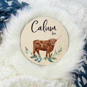 Highland Cow Round Wood Baby Name Sign