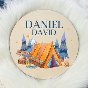 Camping Mountain Baby Round Wood Name Sign