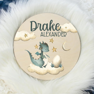 Dragon Baby Round Wood Name Sign