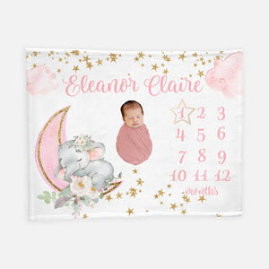 Elephant Moon Girl Baby Milestone Blanket