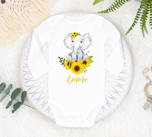 Elephant Baby Bodysuit, Sunflower Elephant Bodysuit, Baby Shower Gift, Pregnancy Reveal Baby Shirt, Baby One Piece, Elephant Baby Outfit