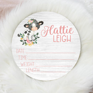 Cow Floral Baby Girl Birth Stat Sign