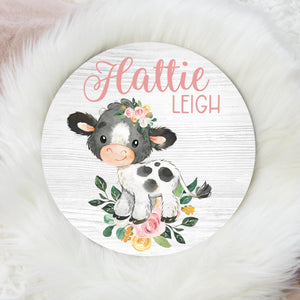 Cow Floral Baby Girl Round Wood Name Sign