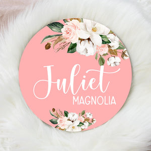 Magnolia Floral Pink Round Wood Baby Name Sign