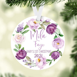Violet Floral Baby 1st Christmas Ornament