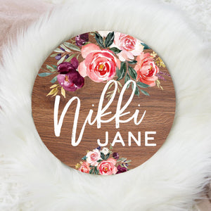 Pink Floral Roses Baby Name Sign