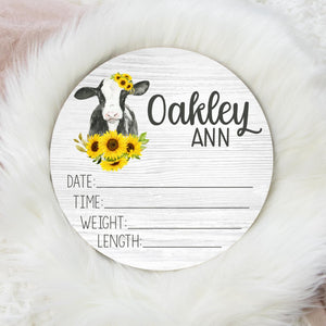 Cow Sunflower Floral Baby Girl Birth Stat Sign