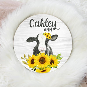 Cow Sunflower Floral Baby Girl Name Sign