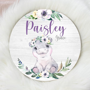 Girl Hippo Baby Round Wood Name Sign