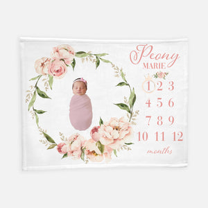 Peony Floral Girl Baby Milestone Blanket