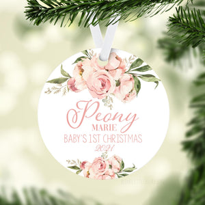 Peony Floral Baby 1st Christmas Ornament
