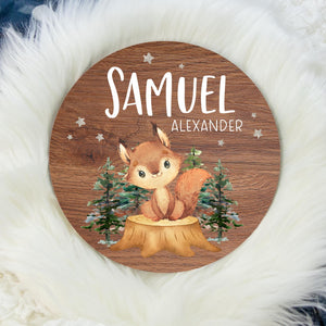 Woodland Squirrel Round Wood Name Sign