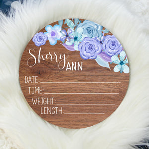 Blue and Purple Floral Baby Birth Stat Sign