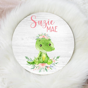 Crocodile Floral Girl Baby Round Wood Name Sign