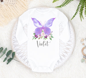 Violet Butterfly Baby Bodysuit, Butterfly Baby Outfit, Baby Shower Gift, Pregnancy Reveal Baby Shirt, Baby One Piece, Violet Butterfly Baby Outfit
