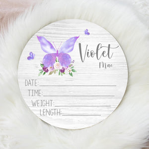 Violet Purple Butterfly Baby Birth Stat Sign