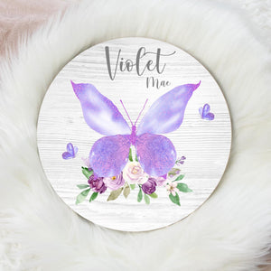 Violet Purple Butterfly Baby Round Wood Name Sign