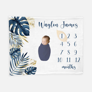 Blue Tropical Palm Leaves Baby Milestone Blanket