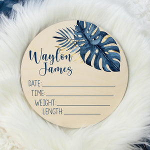 Blue Tropical Palm Leaves Baby Birth Stat Sign