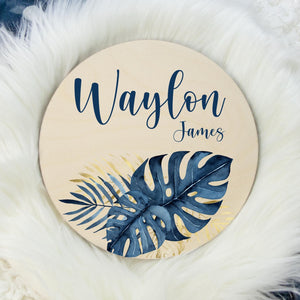 Blue Tropical Palm Leaves Baby Round Wood Name Sign