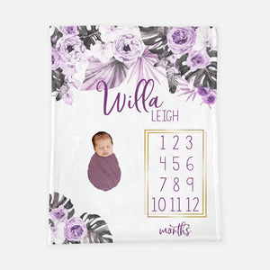 Boho Purple Tropical Palm Floral Baby Milestone Blanket
