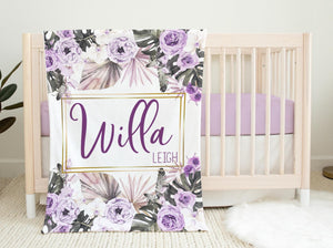 Boho Purple Tropical Palm Floral Baby Girl Blanket