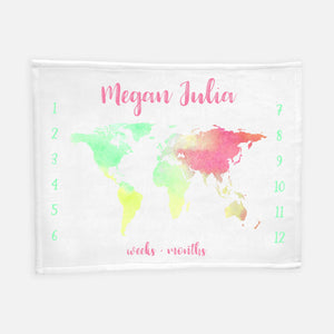 Girl Colorful World Map Milestone Blanket