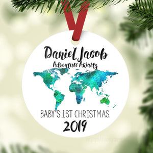 Adventure Awaits World Map Baby 1st Christmas Ornament