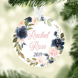 Navy and Blush Rose Baby Ornament