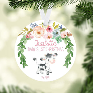 Girl Cow Floral Baby 1st Christmas Ornament