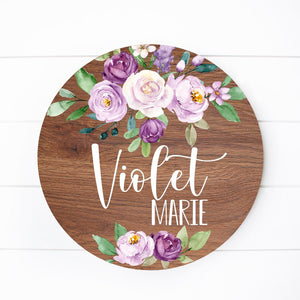 Violet Floral Round Wood Name Sign
