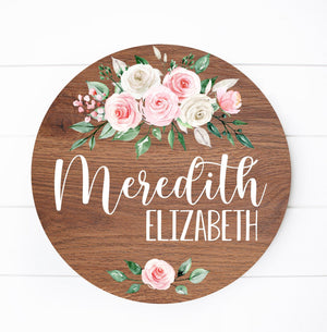 Blush Floral Round Wood Name Sign