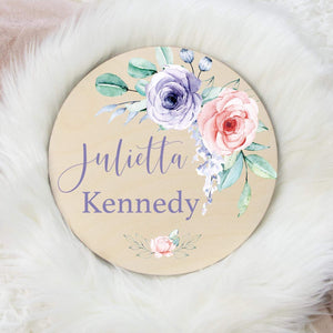 Violet and Peach Floral Round Wood Name Sign