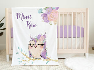 Owl Nursery Baby Blanket, Girl Owl Baby Blanket, Floral Owl Blanket, Owl Nursery Theme, Owl Crib Bedding, New Baby Gift, Baby Blanket