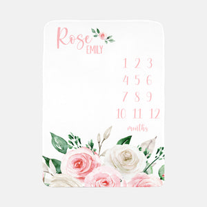 Girl Blush and White Floral Roses Milestone Blanket