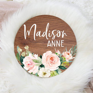 Blush and Cream Floral Round Wood Name Sign