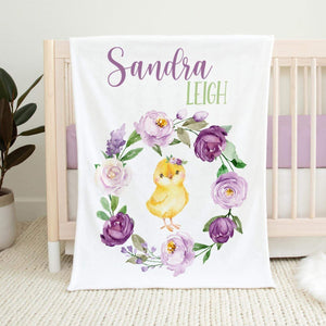 Purple Floral Easter Chick Name Blanket
