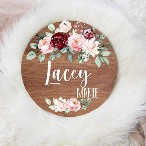 Burgundy and Blush Floral Round Wood Name Sign